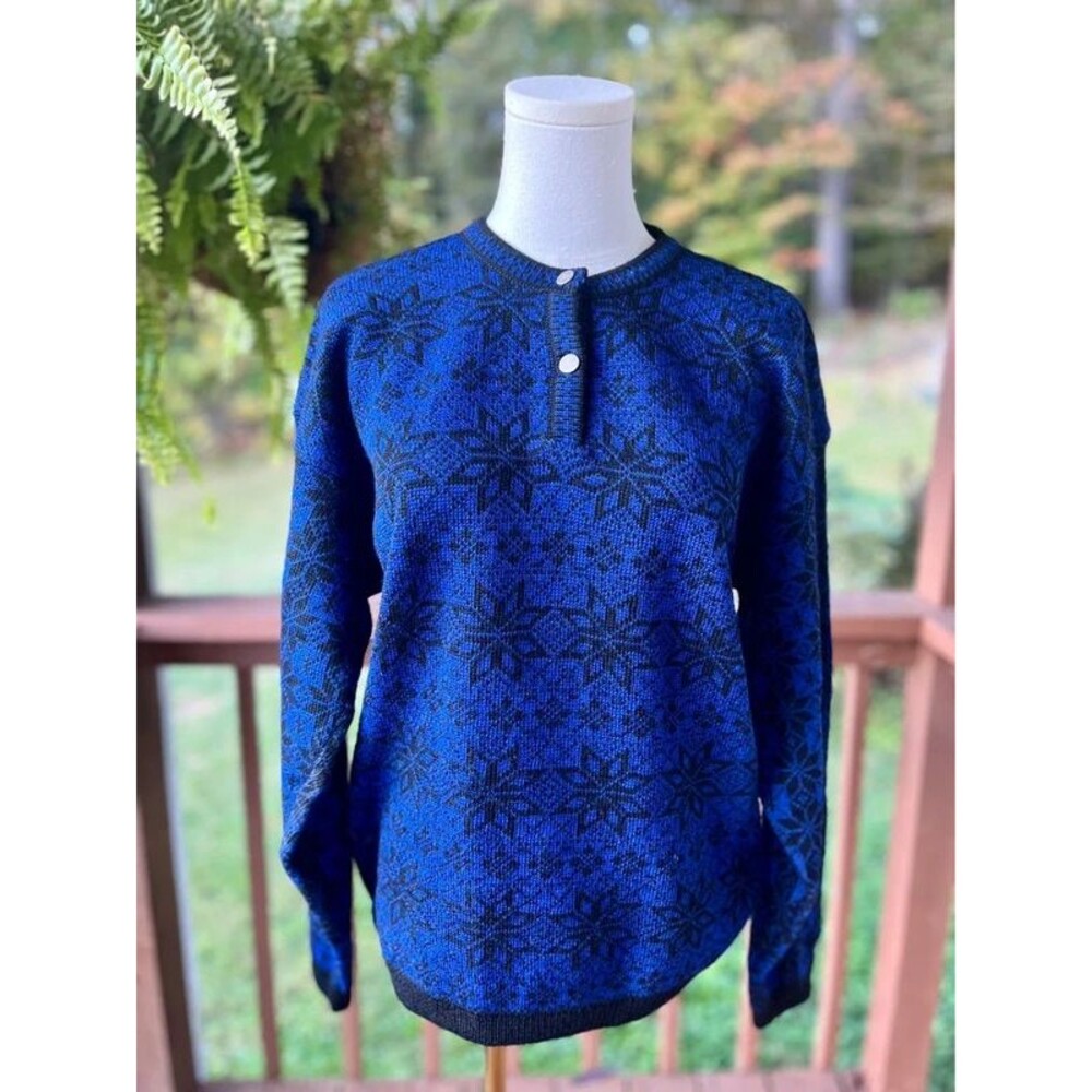 Vintage EIR 100% Wool Nordic Ski Sweater Blue Black Size S